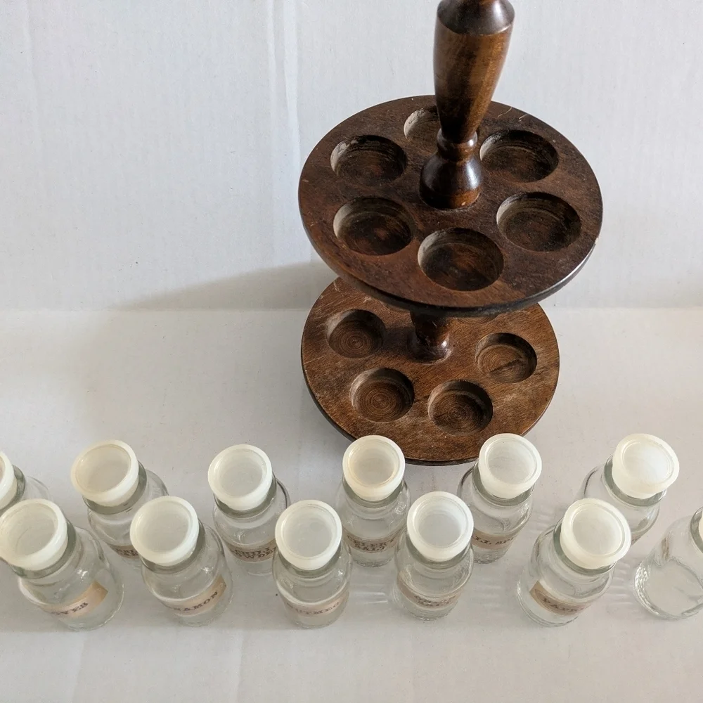 Vintage Glass Spice Jars Bottles Set of 12.Apothecary Jars With Wood Lazy Susan